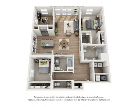 Floor plan for 2 beds, 2.5 baths, 1520 sqft
